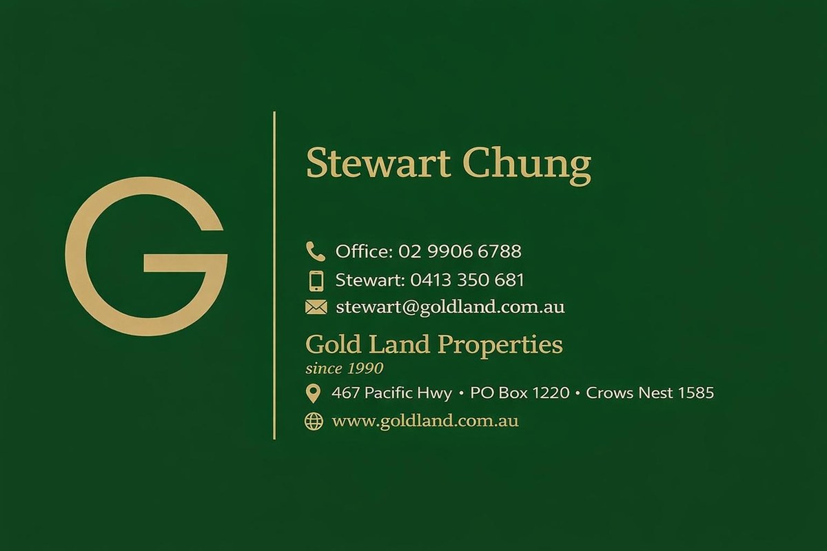 Gold Land Properties business card showing Stewart Chung contact details